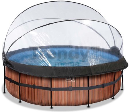 Bazén s krytom pieskovou filtráciou a tepelným čerpadlom Wood pool Exit Toys kruhový oceľová konštrukcia 427*122 cm hnedý od 6 rokov