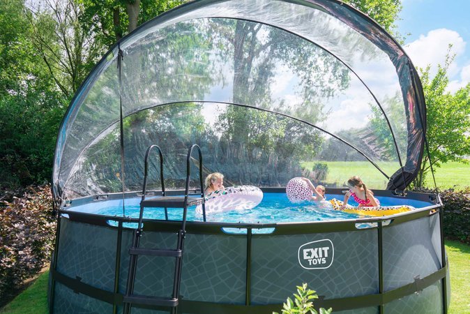 Bazén s krytom pieskovou filtráciou a tepelným čerpadlom Stone pool Exit Toys kruhový oceľová konštrukcia 488*122 cm šedý od 6 rokov