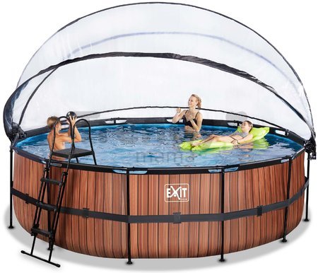 Bazén s krytom pieskovou filtráciou a tepelným čerpadlom Wood pool Exit Toys kruhový oceľová konštrukcia 488*122 cm hnedý od 6 rokov