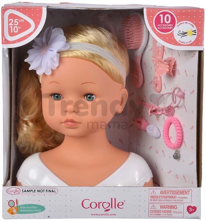 Kadernícka hlava na česanie Styling Head Corolle s krásne jemnými blond vláskami 25 cm a 10 doplnkov