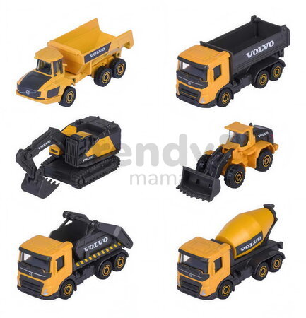 Autíčka stavebné Volvo Construction Edition Majorette s pohyblivými časťami 7,5 cm dĺžka 3 druhy 2 varianty