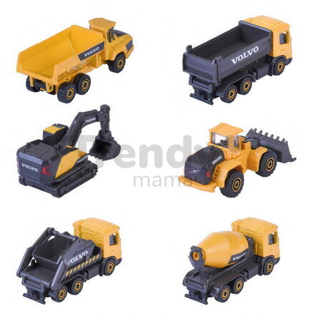 Autíčka stavebné Volvo Construction Edition Majorette s pohyblivými časťami 7,5 cm dĺžka 3 druhy 2 varianty