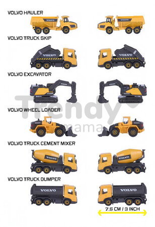 Autíčka stavebné Volvo Construction Edition Majorette s pohyblivými časťami 7,5 cm dĺžka 3 druhy 2 varianty