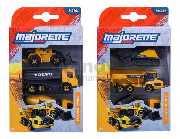 Autíčka stavebné Volvo Construction Edition Majorette s pohyblivými časťami 7,5 cm dĺžka 3 druhy 2 varianty