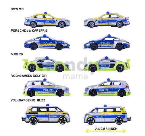 Mașinuțe Poliție Tune It Safe Giftpack Majorette set metalic de 5 tipuri în ambalaj cadou, lungime 7,5 cm, 1:64