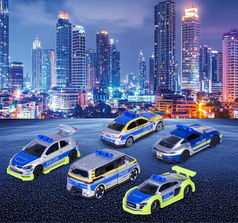 Mașinuțe Poliție Tune It Safe Giftpack Majorette set metalic de 5 tipuri în ambalaj cadou, lungime 7,5 cm, 1:64