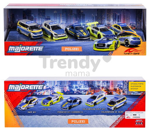 Mașinuțe Poliție Tune It Safe Giftpack Majorette set metalic de 5 tipuri în ambalaj cadou, lungime 7,5 cm, 1:64