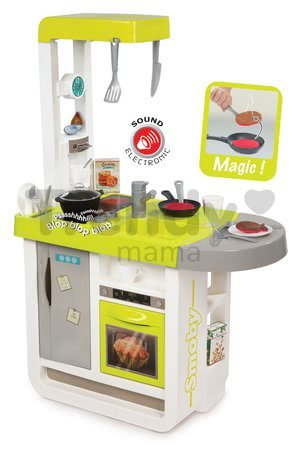 Kuchynka Cherry Smoby elektronická so zvukmi, s opečenými potravinami a kávovarom s 25 doplnkami zeleno-šedá