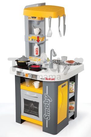 Kuchyňka Tefal Studio Smoby elektronická se zvuky, se sodou, opečenými potravinami a 27 doplňky žluto-šedá