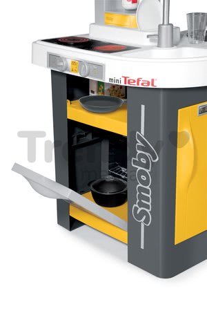 Kuchyňka Tefal Studio Smoby elektronická se zvuky, se sodou, opečenými potravinami a 27 doplňky žluto-šedá