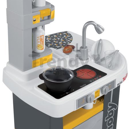 Kuchyňka Tefal Studio Smoby elektronická se zvuky, se sodou, opečenými potravinami a 27 doplňky žluto-šedá