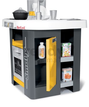 Kuchyňka Tefal Studio Smoby elektronická se zvuky, se sodou, opečenými potravinami a 27 doplňky žluto-šedá