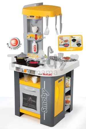 Kuchyňka Tefal Studio Smoby elektronická se zvuky, se sodou, opečenými potravinami a 27 doplňky žluto-šedá