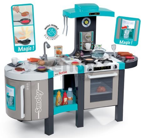 Kuchynka Tefal French Touch Bubble Smoby elektronická s magickým bublaním grilom ľadom a 46 doplnkami tyrkysovo-šedá