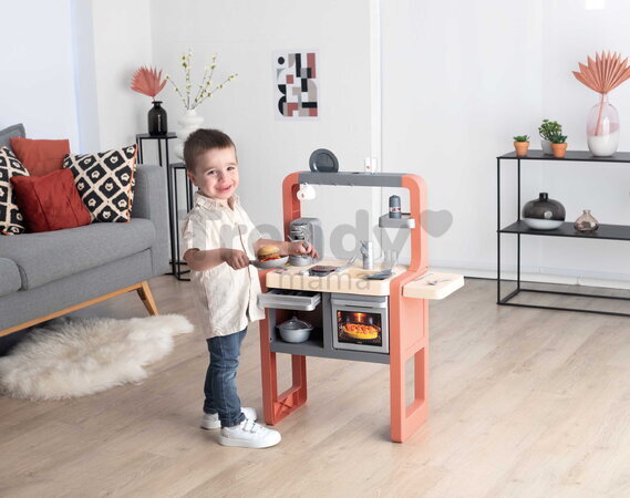 Kuchynka elektronická so zásuvkou na príbory Safran Kitchen Smoby so zvukom a kávovar s jedálenským kútikom 24 doplnkov