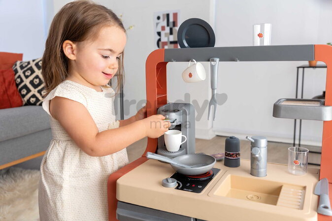 Kuchynka elektronická so zásuvkou na príbory Safran Kitchen Smoby so zvukom a kávovar s jedálenským kútikom 24 doplnkov