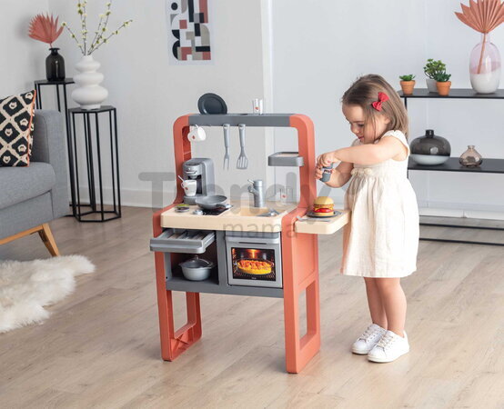 Kuchynka elektronická so zásuvkou na príbory Safran Kitchen Smoby so zvukom a kávovar s jedálenským kútikom 24 doplnkov