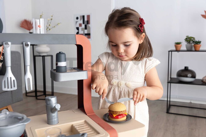 Kuchynka elektronická so zásuvkou na príbory Safran Kitchen Smoby so zvukom a kávovar s jedálenským kútikom 24 doplnkov