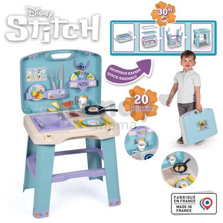 Kuchynka v kufríku Stitch Kitchen Smoby prenosná s 20 doplnkami a kuchynským náradím