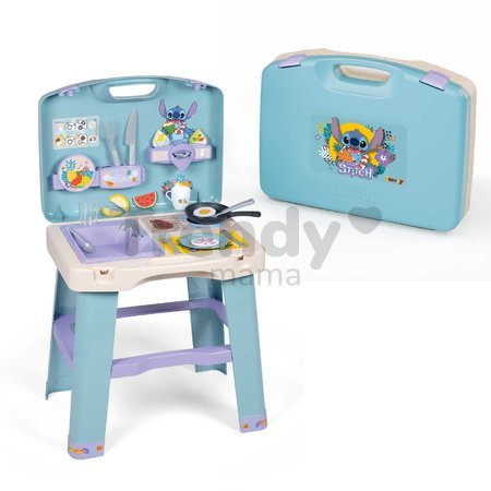 Kuchynka v kufríku Stitch Kitchen Smoby prenosná s 20 doplnkami a kuchynským náradím