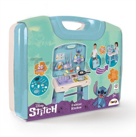 Kuchynka v kufríku Stitch Kitchen Smoby prenosná s 20 doplnkami a kuchynským náradím