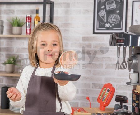 Reštaurácia s elektronickou kuchynkou Chef Corner Restaurant Smoby obojstranná s tečúcou vodou a špecialitami výškovo nastaviteľná 70 doplnkov