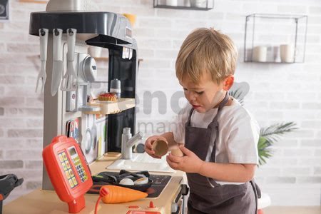 Reštaurácia s elektronickou kuchynkou Chef Corner Restaurant Smoby obojstranná s tečúcou vodou a špecialitami výškovo nastaviteľná 70 doplnkov