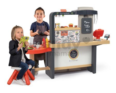 Kuchynka s reštauráciou elektronická Burger Chef Corner Smoby s tečúcou vodou a funkčné spotrebiče s potravinami 70 doplnkov 101 cm výška/51 cm pult