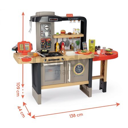 Kuchynka s reštauráciou elektronická Burger Chef Corner Smoby s tečúcou vodou a funkčné spotrebiče s potravinami 70 doplnkov 101 cm výška/51 cm pult