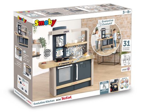 Kuchynka elektronická s nastaviteľnou výškou Tefal Evolutive New Kitchen Smoby so zvukovým sporákom a funkčnými spotrebičmi a 31 doplnkov