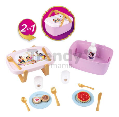 Piknikový košík a stolík 2v1 Princezné Disney Picnic Basket Smoby 14 doplnkov s obedovou súpravou