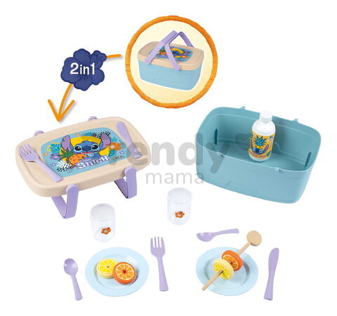 Piknikový košík a stolík 2v1 Stitch Picnic Basket Smoby 16 doplnkov s obedovou súpravou