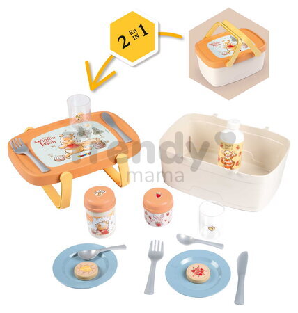 Piknikový košík a stolík 2v1 Winnie the Pooh Picnic Basket Smoby s obedovou súpravou 15 doplnkov od 18 mes