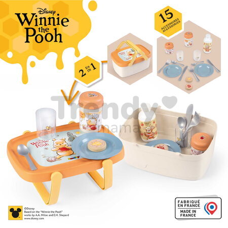 Piknikový košík a stolík 2v1 Winnie the Pooh Picnic Basket Smoby s obedovou súpravou 15 doplnkov od 18 mes