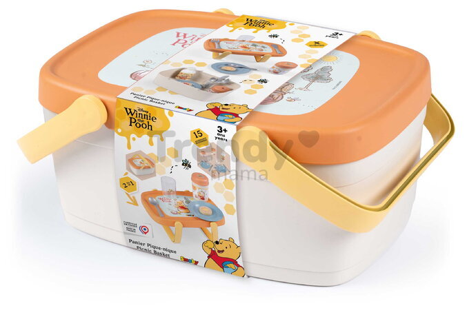Piknikový košík a stolík 2v1 Winnie the Pooh Picnic Basket Smoby s obedovou súpravou 15 doplnkov od 18 mes