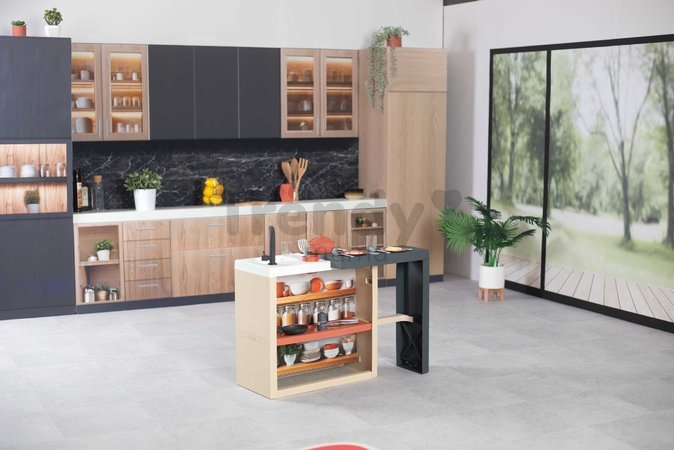 Kuchynka ostrovček s magickými cestovinami Kitchen Island 360° Smoby obojstranná s otvárateľnou rúrou a úložným priestorom 23 doplnkov