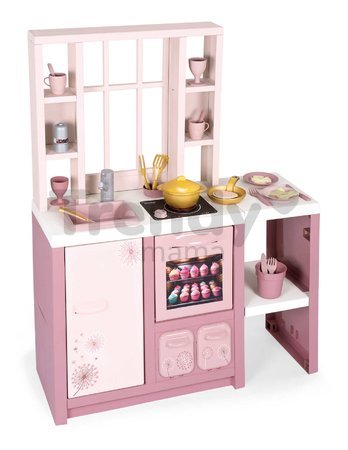 Kuchynka elektronická s magickými cestovinami Loft Fleur Pink 360° Smoby ružová so zvukom obojstranná s 27 doplnkami 50 cm pracovná doska