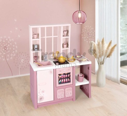 Kuchynka elektronická s magickými cestovinami Loft Fleur Pink 360° Smoby ružová so zvukom obojstranná s 27 doplnkami 50 cm pracovná doska