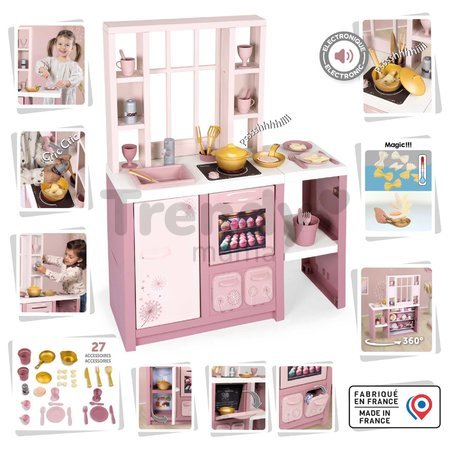 Kuchynka elektronická s magickými cestovinami Loft Fleur Pink 360° Smoby ružová so zvukom obojstranná s 27 doplnkami 50 cm pracovná doska