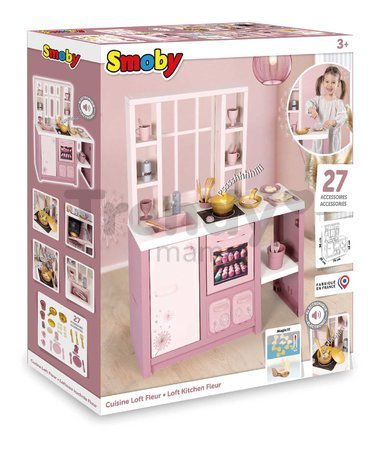 Kuchynka elektronická s magickými cestovinami Loft Fleur Pink 360° Smoby ružová so zvukom obojstranná s 27 doplnkami 50 cm pracovná doska