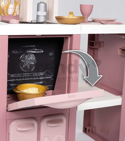 Kuchynka elektronická s magickými cestovinami Loft Fleur Pink 360° Smoby ružová so zvukom obojstranná s 27 doplnkami 50 cm pracovná doska