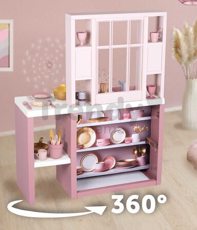 Kuchynka elektronická s magickými cestovinami Loft Fleur Pink 360° Smoby ružová so zvukom obojstranná s 27 doplnkami 50 cm pracovná doska