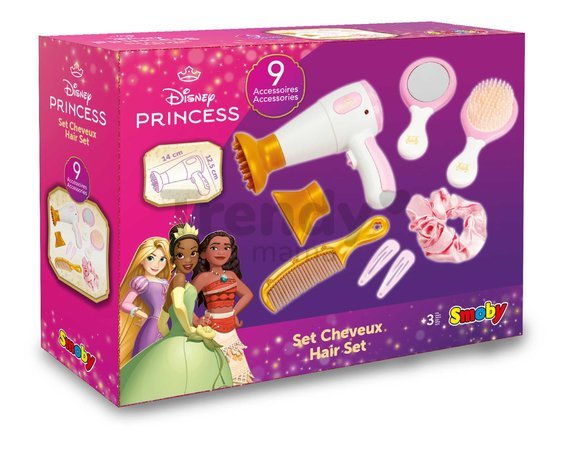 Kaderníčka s elektronickým sušičom na vlasy Princezné Disney Hair Set Smoby s 2 nadstavcami a zrkadlo a doplnkami