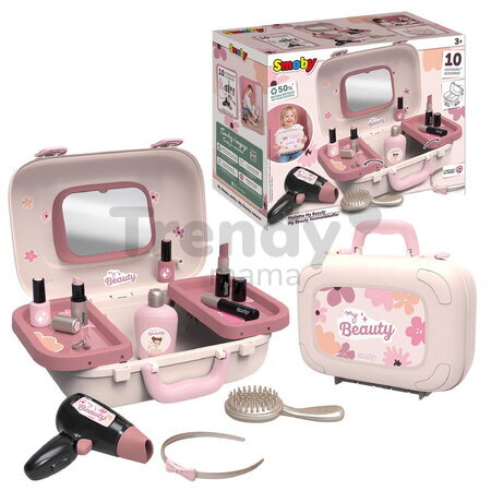 Kozmetický kufrík so zrkadlom My Beauty Vanity Smoby kaderníctvo s fénom a kozmetika s nechtovým štúdiom 10 doplnkov