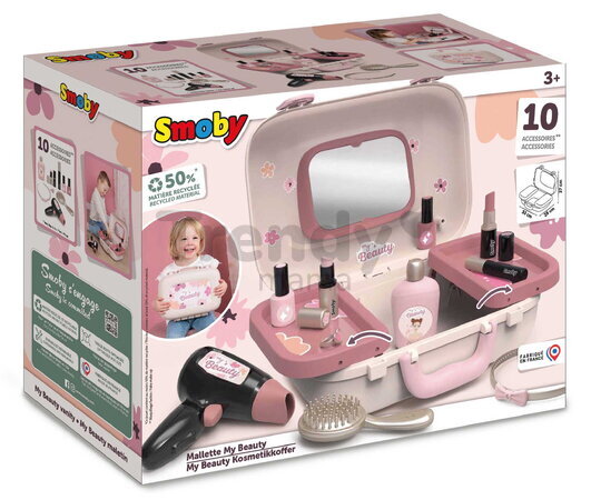 Kozmetický kufrík so zrkadlom My Beauty Vanity Smoby kaderníctvo s fénom a kozmetika s nechtovým štúdiom 10 doplnkov