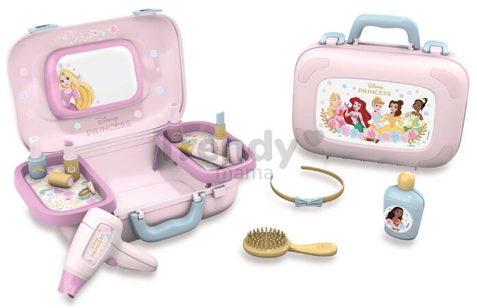 Kozmetický kufrík so zrkadlom Princezné Disney Beauty Vanity Smoby kozmetika s kaderníctvom a nechtovým štúdiom s 10 doplnkami
