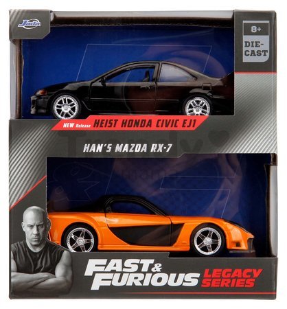 Autíčka Honda Civic Coupe a Han´s Mazda RX-7 Fast & Furious Twin Pack Jada kovové s otvárateľnými dverami dĺžka 13 cm 1:32