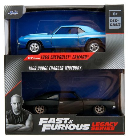 Autíčka Chevrolet Camaro 1969 a Dodge Charger Wide Body 1968 Fast & Furious Twin Pack Jada kovové s otvárateľnými dverami dĺžka 13 cm 1:32