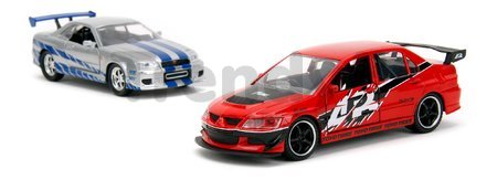 Autíčka Mitsubishi Lancer Evolution IX a Nissan Skyline GTR R34 Fast & Furious Twin Pack Jada kovové s otvárateľnými dverami dĺžka 13 cm 1:32