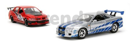 Autíčka Mitsubishi Lancer Evolution IX a Nissan Skyline GTR R34 Fast & Furious Twin Pack Jada kovové s otvárateľnými dverami dĺžka 13 cm 1:32